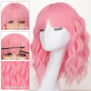 AISI HAIR Curly Bob Wig with Bangs Short Wavy Pink Color Wigs for Women Bob Style Synthetic Heat Resistant Bob Wigs