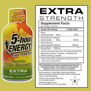 5-hour ENERGY Extra Strength Energy Shot Peach Mango Flavor Zero Calories &amp Sugar-Free 230 mg Caffeinated Shot Amino Acids &amp B Vitamins Dietary Supplements 1.93 oz. 30 Count