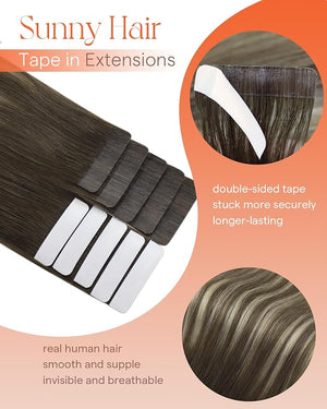 Sunny Hair Tape in Hair Extensions Real Human Hair Invisible Remy Hair Extensions Tape ins for Women Cool Brown Ombre Light Brown Balayage Medium Blonde 22 inch 25G