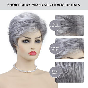 Short Grey Silver Wigs for White Women Natural Layered Pixie Cut Wigs with Bangs Synthetic Short Gray Hair Wig for Older Women