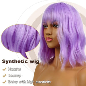 Short Bob Wigs with Bangs for Women Loose Wavy Wig Curly Wavy Shoulder Length Bob Synthetic Cosplay Wig for Girl Colorful Costume Wigs (Purple)