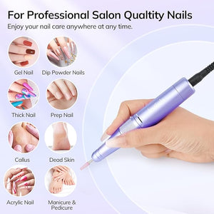 Lavinda Professional Nail Drill 35000 RPM Cordless Electric Nail File Efile for Acrylic and Gel Nails Manicure Pedicure Polishing Tool for Salon and Home Use (Purple)