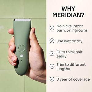 MERIDIAN The Trimmer Original - Body Hair Trimmer for Men, Electric Shaver for Pubic Hair, Chest, Legs &amp; Bikini, Waterproof &amp; Rechargeable, Sage
