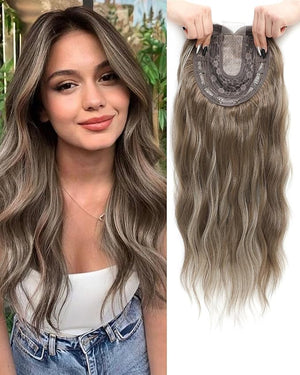 Hair Toppers for Women 20inch Wavy Hair Toppers for Women Toppers Hair Pieces for Women with Thinning Hair Ombre Highlight Synthetic Wig Clip In Hair Topper Wiglets with Fringe Bang Add Hair Volume