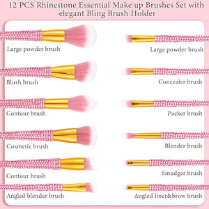 Rtteri 13 Pcs Rhinestone Pink Makeup Brushes Set Yellow Bling Crystal Professional Face Cosmetics Blending Liquid Foundation Powder Concealer Eye Shadows Make up Beauty Tool Glitter with Holder