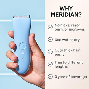 MERIDIAN The Trimmer Original - Body Hair Trimmer for Men Electric Shaver for Pubic Hair Chest Legs &amp Bikini Waterproof &amp Rechargeable Sky