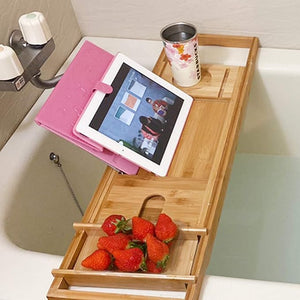 Bamboo Bathtub Tray 29.53-42.91in Expandable Bath Tray with Holder Adjustable Bath Caddy Bathtub Shelf for Relaxing Bath Time