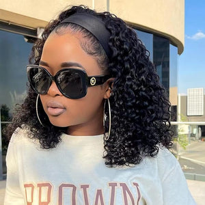 Headband Wig Human Hair Deep Wave 150% Density None Lace Front Wig Human Hair Machine Made Wigs 14 inches Headband Curly Human Hair Wigs for Women Natural Color Half wigs