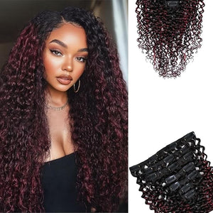 SIYUSI Kinky Curly Clip In Extensions 3C 4A 100% Brazilian Remy Human Hair Clip Ins Invisible &amp Scalp-Friendly Burgundy Ombre 3.52oz 7Pcs (16 Inch)