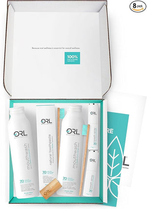 ORL Natural 60-Day Oral Care Kit Includes 1 Toothpaste, 2 Mouthwashes, 2 Breath Sprays, 2 Toothbrushes, 1 Floss. Eco-Friendly, Fluoride-Free, Vegan, Gluten-Free and Non-Toxic. Fresh Mint