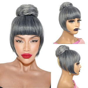 Grey Bun &amp Bangs Set 2PCS - Quick Clip in Ponytail Bun with Bang M Size Updo Twist Braided Chignon Scrunchie Hair Piece for Black Women