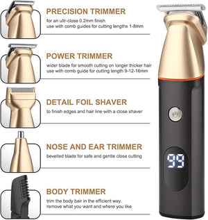 Mens Beard Trimmer 5 in 1 Cordless Hair Trimmer Kit Waterproof Electric Nose Hair Trimmer USB Rechargeable and LED Display Hair Cutting Kit (Golden)