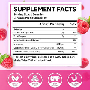 2 Pack HMB and L-Leucine Gummies, 3000mg HMB and Leucine Amino Acid for Muscle Growth, Muscle Mass, Muscle Relief, and Fast Workout Recovery, for Men &amp; Women, Sugar-Free, Raspberry Flavor, 120 Cou