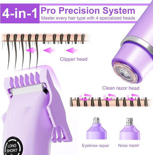 New 4-in-1 Women's Electric Razor &amp Bikini Trimmer Waterproof Rechargeable Shaver Nasal Hair Shaving Eyebrows Legs Underarms &amp Body Painless Hair Removal with Ceramic Blades &amp LED Lig