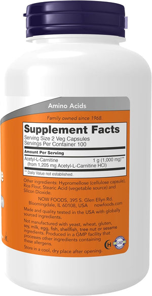 NOW Foods Supplements Acetyl-L Carnitine 500 mg Amino Acid Brain And Nerve Cell Function* 200 Veg Capsules