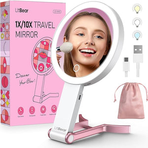 LitBear Travel Makeup Mirror with Lights Rechargeable Double-Sided 10X/1X Magnifying Mirror Portable Lighted Beauty Mirror 3 Color Lighting Dimmable Touch Screen Tabletop Handhold Hanging (White)