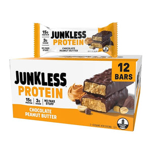 JUNKLESS Protein Bars - Chocolate Peanut Butter - 15g Protein, No Added Sugar, Gluten Free, High Fiber, Delicious Taste and Texture, Satisfying, Healthy Snack for Energy - 12 Bars