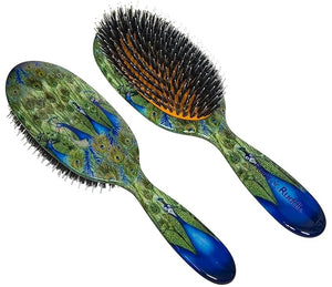 Rock &amp Ruddle Natural Mixed Boar Bristle Hair Brush for Women and Kids (Large 21cm) - Perfect for Wet or Dry Hair Detangling Smoothing Blowdrying - Designed &amp Made in UK - Peacocks Design