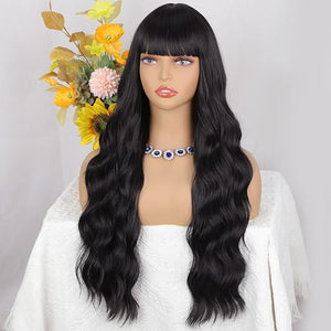 Lativ Black Wig with Bangs Long Wavy Wig for Women Synthetic Curly Natural Black Wigs Hair Replacement Wigs for Girls Daily Party Use 26 Inches