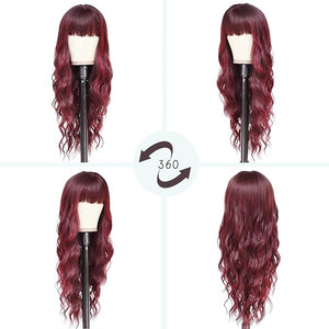 NAYOO Long Burgundy Wigs with Bangs for Women - Curly Wavy Synthetic Fiber Wigs - Heat Resistant - 26 Inches (Wine Red)