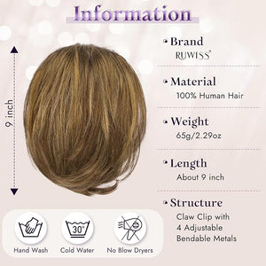 RUWISS Claw Clip Short Human Hair Ponytail Extension with Bendable Metals for DIY Styles Straight Messy Bun Hair Piece for Women Thick Hairpieces for Daily Wear 9 Inch Brown with Blonde Highlight