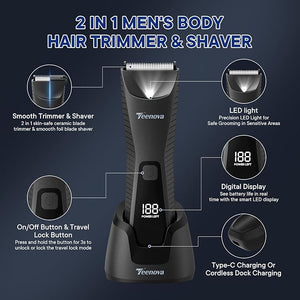 Pubic &amp Body Hair Trimmer for Men 2 in 1 Electric Ball Groin Razor Shaver with Ceramic Blade No Nick Mens Grooming Kits for Wet/Dry Use Cordless Charging Groomer with Led Display Black