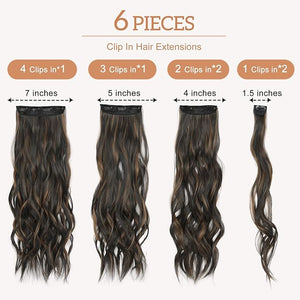 Clip in Hair Extensions for Women, Natural Balayage Dark Brown to Chestnut, 24 Inch 6PCS Hairpieces Long Wavy Soft Hair Extensions clip ins