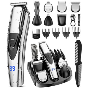 SHPAVVER Beard Trimmer for Men: Professional Barber Hair Clippers - 12-in-1 Cordless Grooming Kit - Waterproof Electric Razor with Turbo Speed &amp Precision Blades Silver