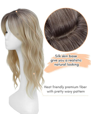 Hair Toppers for Women 20inch Wavy Hair Toppers for Women Toppers Hair Pieces for Women with Thinning Hair Ombre Highlight Synthetic Wig Clip In Hair Topper Wiglets with Fringe Bang Add Hair Volume