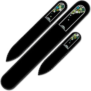 Mont Bleu Set of 3 Glass Nail Files Hand Decorated with Crystals - in Black Velvet Sleeve - Genuine Czech Tempered Glass - Handmade Crystal Nail Files