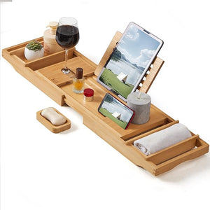 XcE Bathtub Caddy Tray Expandable to 105cm with Bamboo Book Stand and Soap Tray Natural