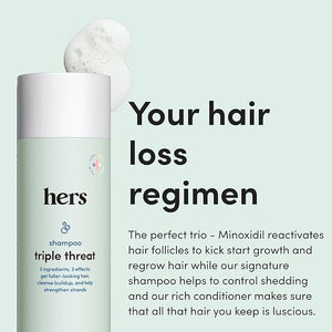hers Triple Threat Shampoo Conditioner and Minoxidil Set - Hair Loss Treatment for Women - Includes 2% Serum Minoxidil Treatment Color Safe Hair Thickening Shampoo and Conditioner - 3 Count