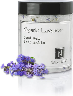 Organic Lavender Bath Salts by Nabila K - Dead Sea Salt &amp Epsom Salt Scrub &amp Soak - Exfoliates &amp Hydrates Skin Botanical Essential Oils - Bubble Bath Accessories for All Skins Types 8 oz