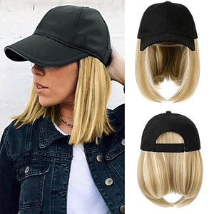 Woman Baseball Cap with Hair Extensions Straight Short Bob Hairstyle Adjustable Wig Hat 14inch Duck Tongue Hat Wig
