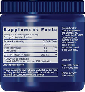 Life Extension D-Ribose Powder Dissolve in Liquid to Encourage Cellular Energy Production and Support Heart and Muscle Health Gluten-Free Non-GMO Vegetarian 150 Grams