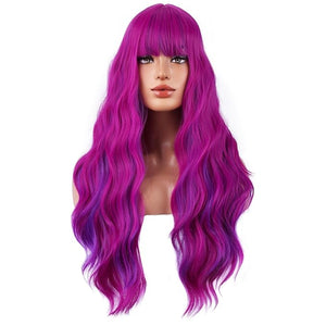 BERON Rose and Purple Long Wigs Curly Wavy Women Pastel Wigs with Bangs Hot Pink Color Heat Resistant Synthetic for Cosplay or Daily Wigs Wig Cap Included