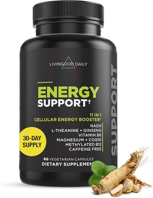 Livingood Daily Energy Support 11-in-1 Supplement with Magnesium Vitamin B6 B12 Amino Acids L Carnitine CoQ10 Ginseng &amp L Theanine Supports Natural Energy for Men &amp Women Vegan 60 Ca