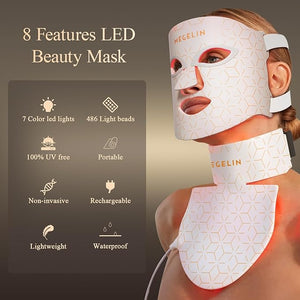 MEGELIN Led Red Light Therapy Face &amp; Neck Mask, 7 Colors Led Light Therapy Facial Mask, Infrared Red Light Therapy Mask, Infrared Light Skin Rejuvenation(White)