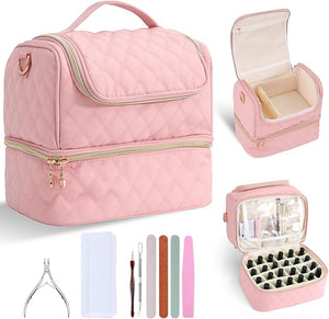 Nail Polish Organizer Case Double Layer Nail Storage Bag for 24 Bottles and UV/LED Lamp Portable Manicure Travel Case for Home Salon and Vacation Pink