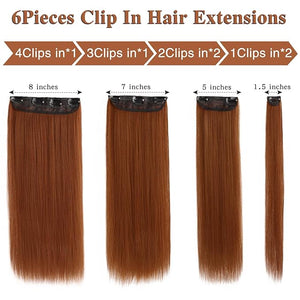 WECAN Straight Clip in Hair Extension Auburn 22 Inch 6PCS Long Straight Hairpieces for Women Thick Synthetic Fiber Double Weft Hair Full Head