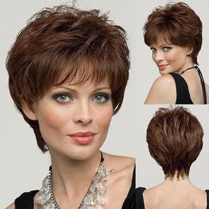 EMMOR Short Brown Human Hair Wigs Blend with Healthy Memory Fiber Pixie Curly Wig With Bang,Natural Daily Use Hair (Brown)