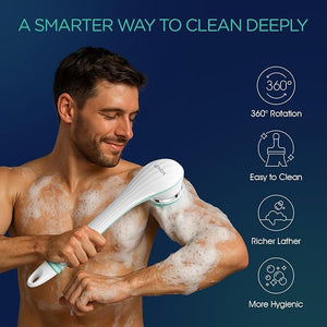 VOYOR Electric Silicone Body Scrubber Back Scrubber for Shower Waterproof Long Handle Body Brush Rechargeable Power Bath Brush for Cleansing Exfoliating Massaging Skin BC100 (Blue)