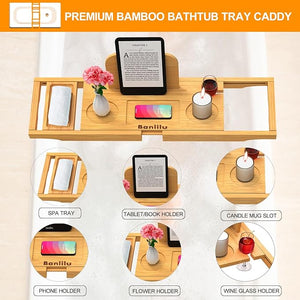 Premium Bamboo Bathtub Tray Caddy - Bath Tub Tray Table for Bathtub - Bath Caddy Tray for Bathtub Expandable Size Fits Most Bath Tubs