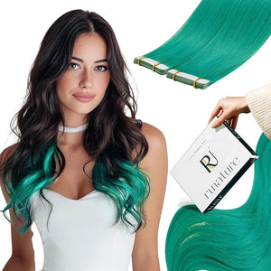 RUNATURE 22 Inch Tape in Hair Extensions Teal Human Hair for Women Double Sided PU Tape in Human Hair Extensions Invisible Natural Hair Extensions Glue in Real Human Hair for Long Hair Party Cosplay 2