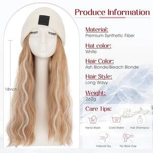 S-noilite Beanie Wig with Hair18 Inch Long Wavy Hair Extensions with White Knitted Hat Hairpieces for Women Winter Ash Blonde mix Bleach Blonde
