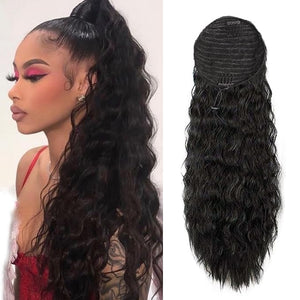 Human Hair Water Wave Drawstring Ponytail Extensions - Natural Black Corn Wave for Black Women - Clip in Extensions (18)