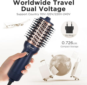 Aima Beauty Worldwide Travel Hair Dryer Brush 110-240V Dual Voltage Blow Dryer Brush Hot Air Brush Oval Barrel 360¡Æ Hot Airflow Negative Ionic Frizz-Free Dry/Straightening/VolumingPrussian Blue