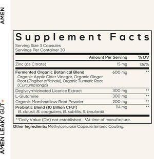 Amen Leaky Gut Supplement - Advanced Formula with Bioavailable L Glutamine Zinc Turmeric DGL Licorice Root - Marshmallow Root - Probiotics &amp Fermented Prebiotics - Vegan Non-GMO - 2-Pack