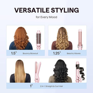 Wavytalk 3 in 1 Curling Wand Set Multi Curl Curling Iron Set with Heated Round Brush Flat Iron Hair Straightener 1 1/4 inch Curling Iron Dual Voltage Hair Curler(Pink)
