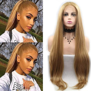 Xiweiya Long Sand Blonde Lace Front Wig Natural Hairline Brown Blonde Synthetic 13x3 Lace Front Wigs For Women Mermaid Haircut Heat Resistant Wig Makeup Girl Hairstyle High Density 24 inch